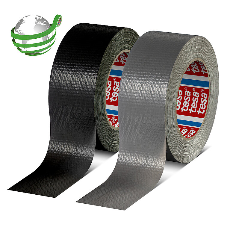 tesa®4615 PCR Allzweck-Duct Tape ist jetzt nachhaltiger als je zuvor. Es wird aus recyceltem Material und unserer bewährten lösungsmittelfreien synthetischen Kautschukmasse hergestellt. Produktabbildung tesa® 4615